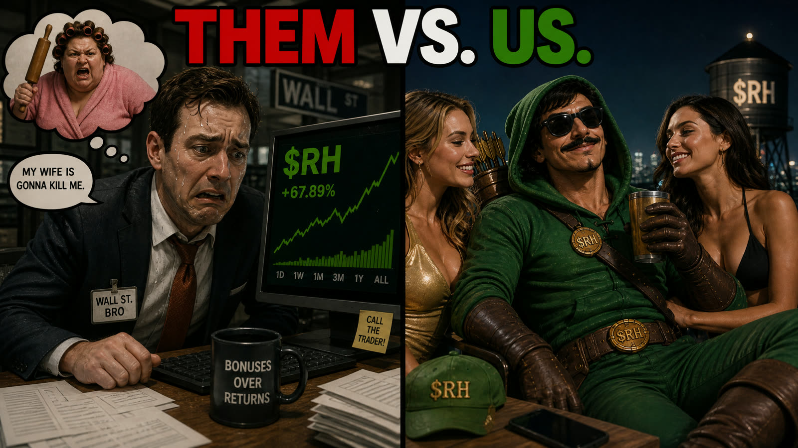 RobinHODL meme — Them vs. Us: a stressed Wall St. trader beside RobinHODL living it up as $RH pumps.