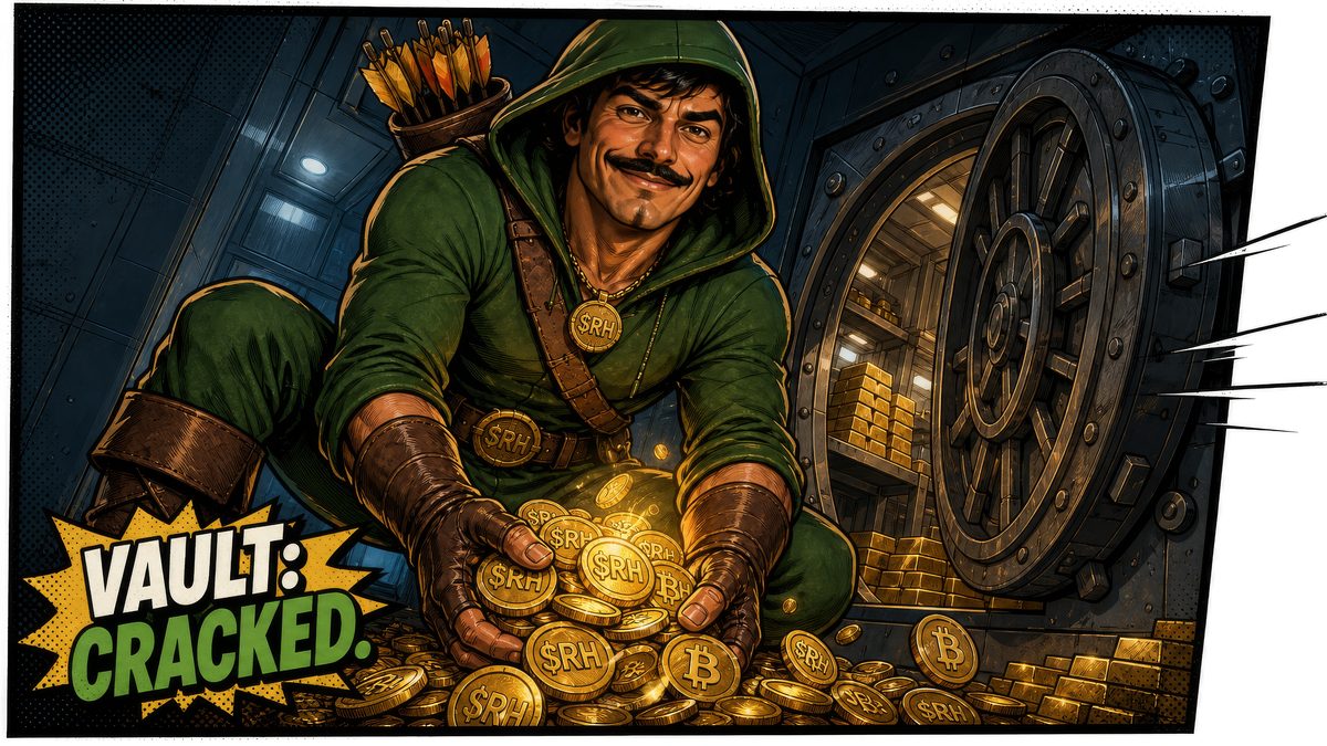 Comic panel 1, VAULT: CRACKED. RobinHODL scoops handfuls of gold $RH coins from an open bank vault.