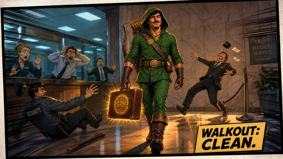 Comic panel 2, WALKOUT: CLEAN. RobinHODL strolls out with the loot.
