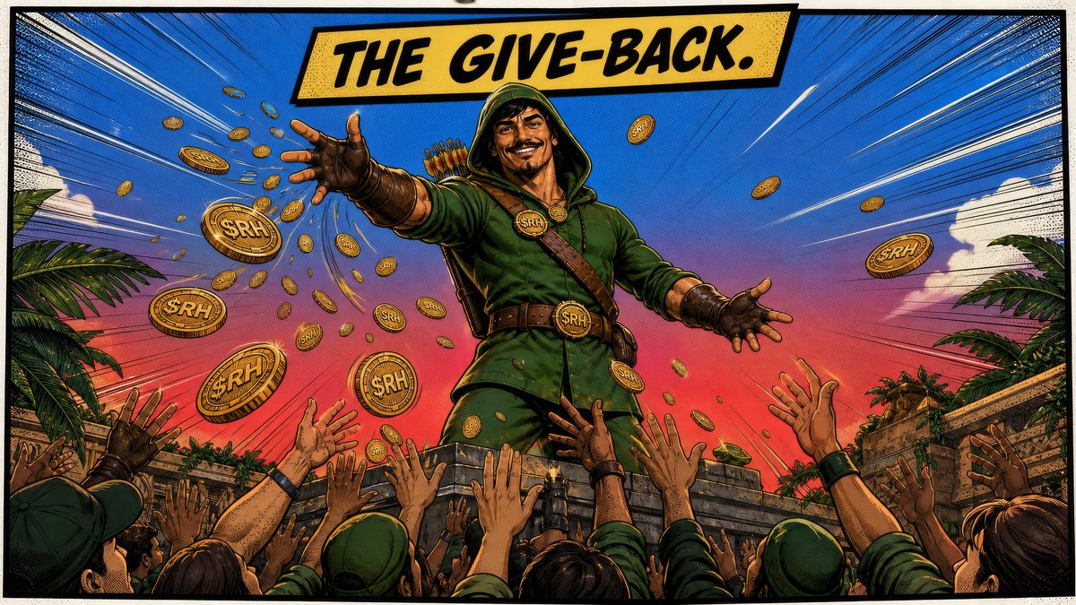 Comic panel 3, THE GIVE-BACK. RobinHODL hands coins to the crowd.