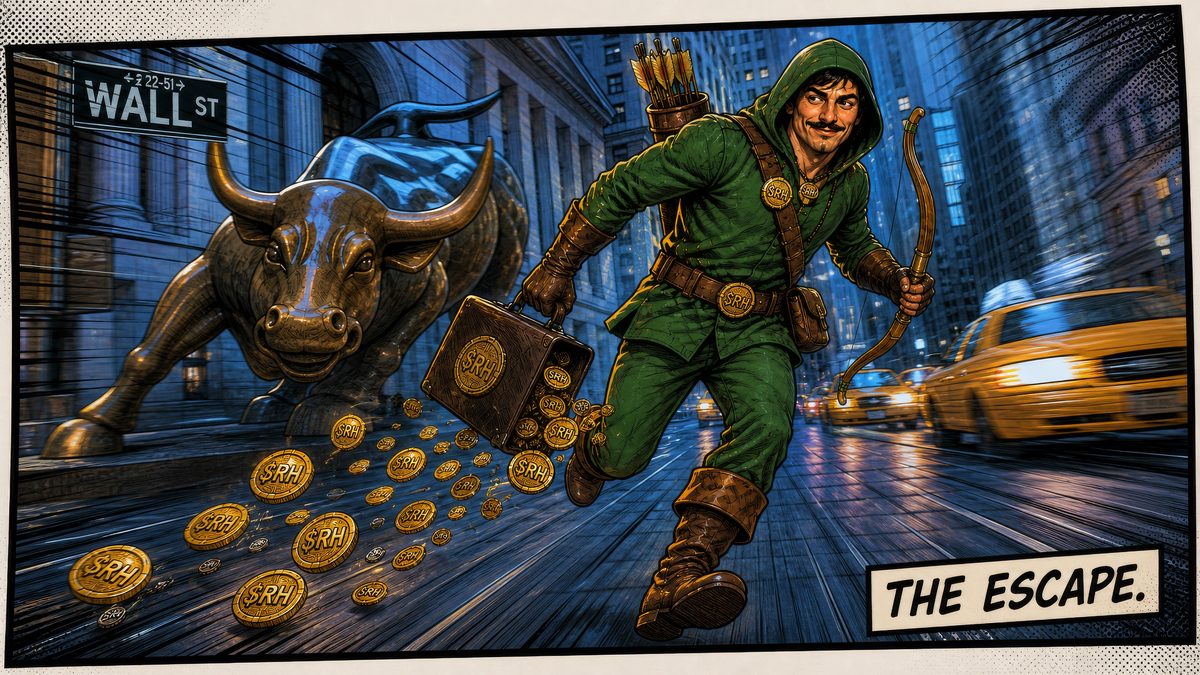 Comic panel 4, THE ESCAPE. RobinHODL makes a clean getaway.