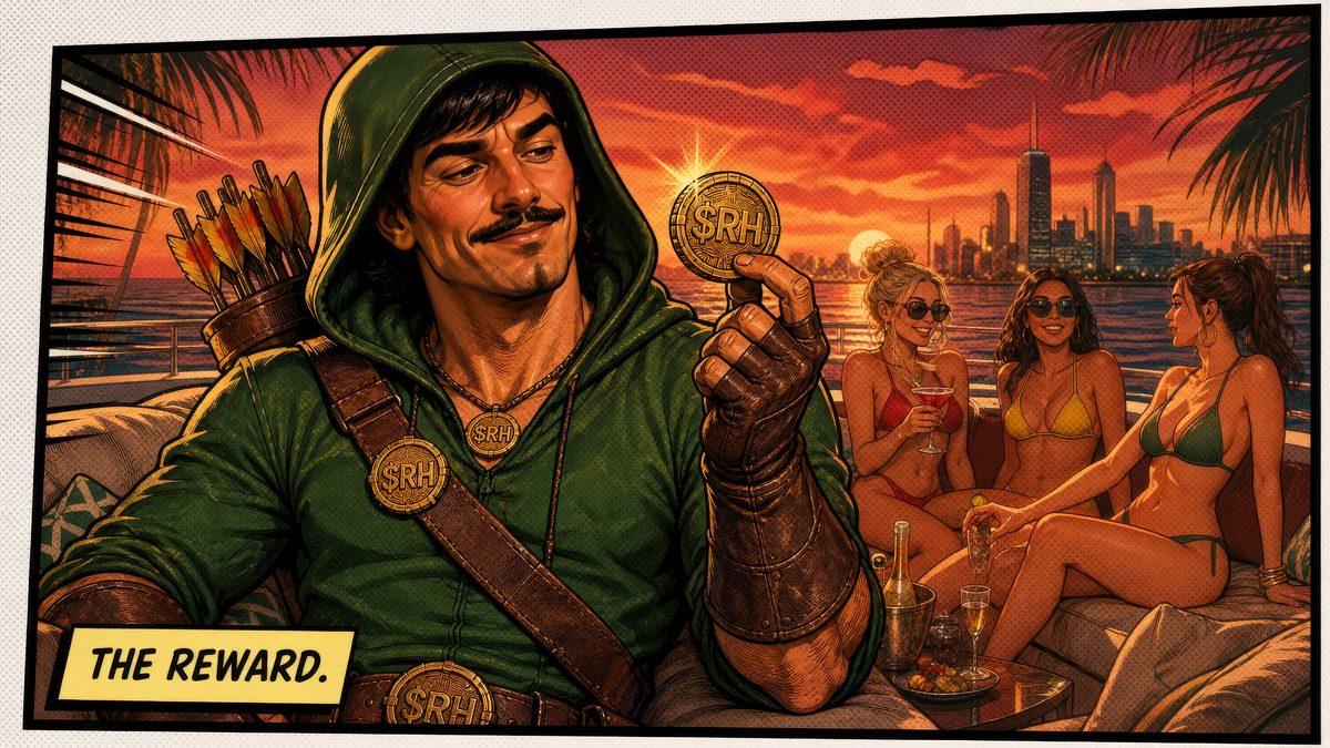 Comic panel 5, THE REWARD. Hodlers celebrate their $RH.
